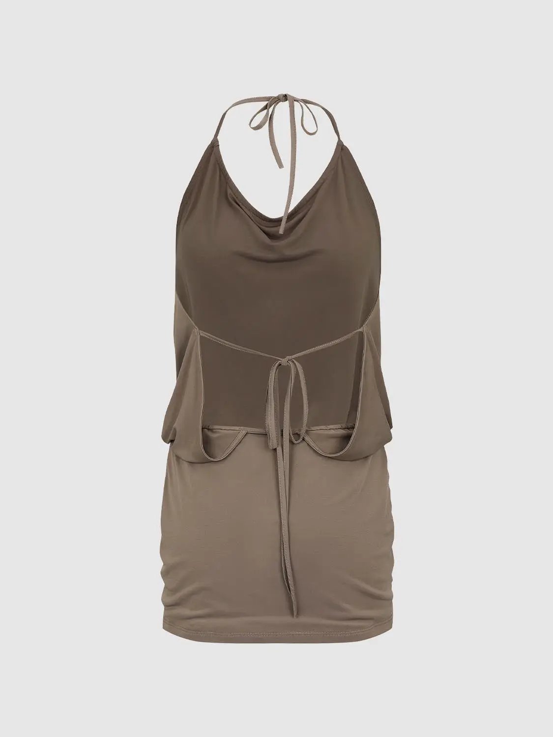 H-Line Dress, taupe halter-neck with front drape and waist drawstring