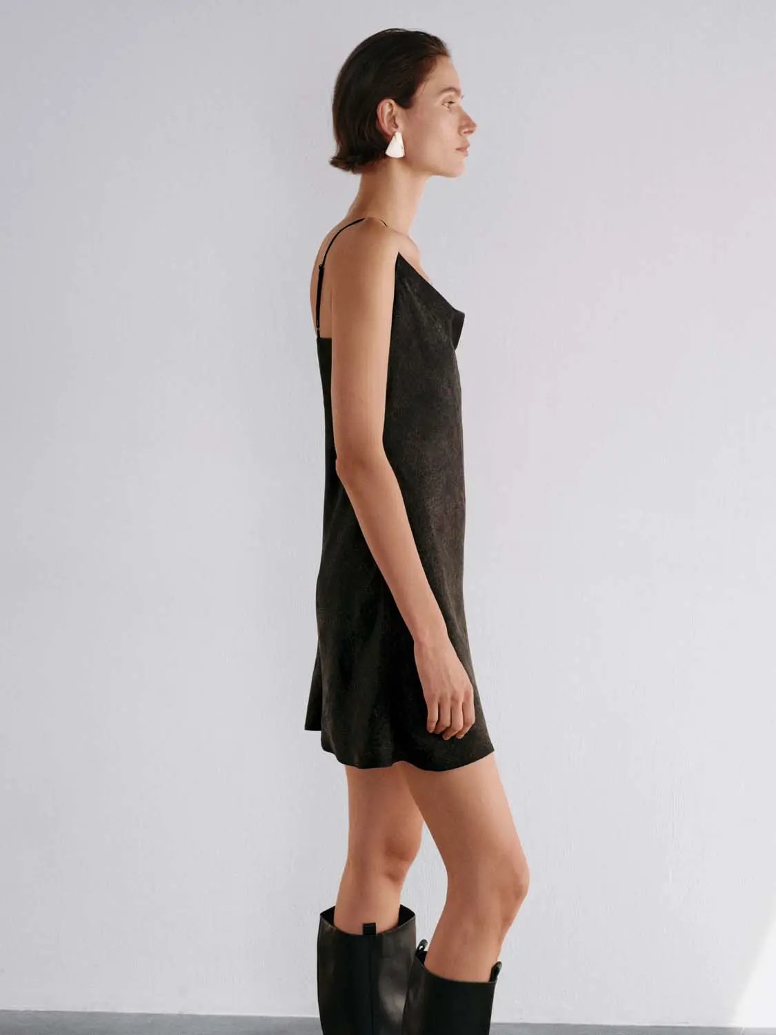 Sleeveless Cowl Neck Textured Flared Mini Dress in black with thin straps by Urban Revivo Fashion