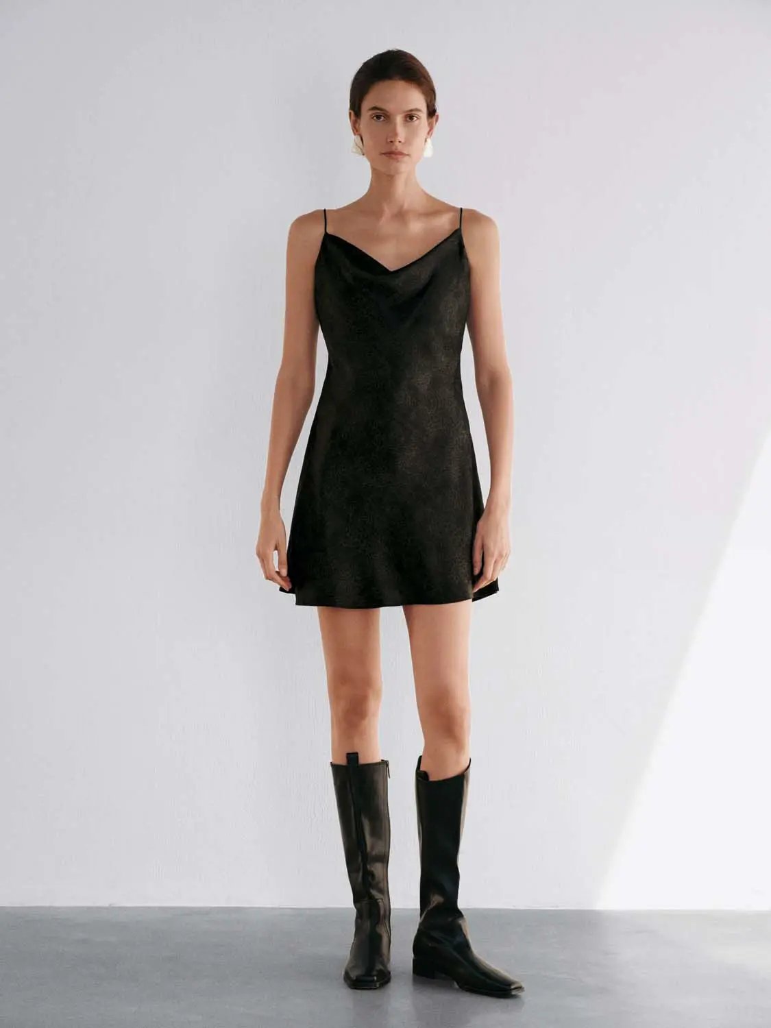 Sleeveless cowl-neck textured mini dress, black, Urban Revivo Fashion.