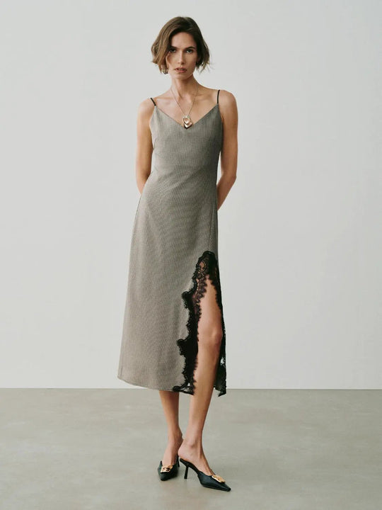 Lace Side Detail Checked V-neck Slip Maxi Dress