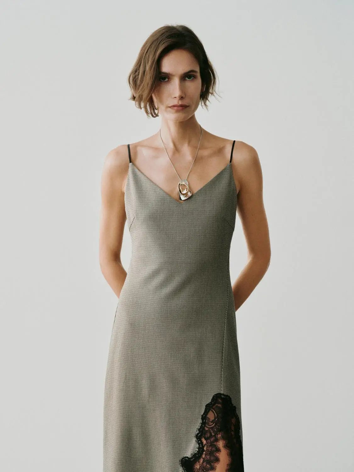 Lace side-detail checked V-neck slip maxi dress in gray