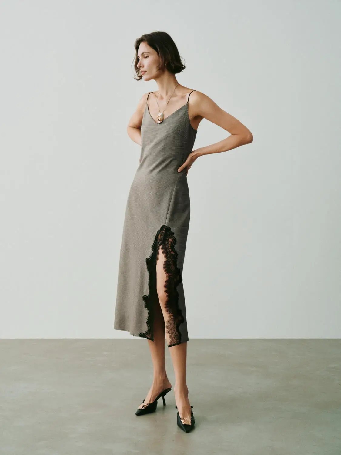 Lace-side-detail checked V-neck slip maxi dress in taupe with black lace side slit