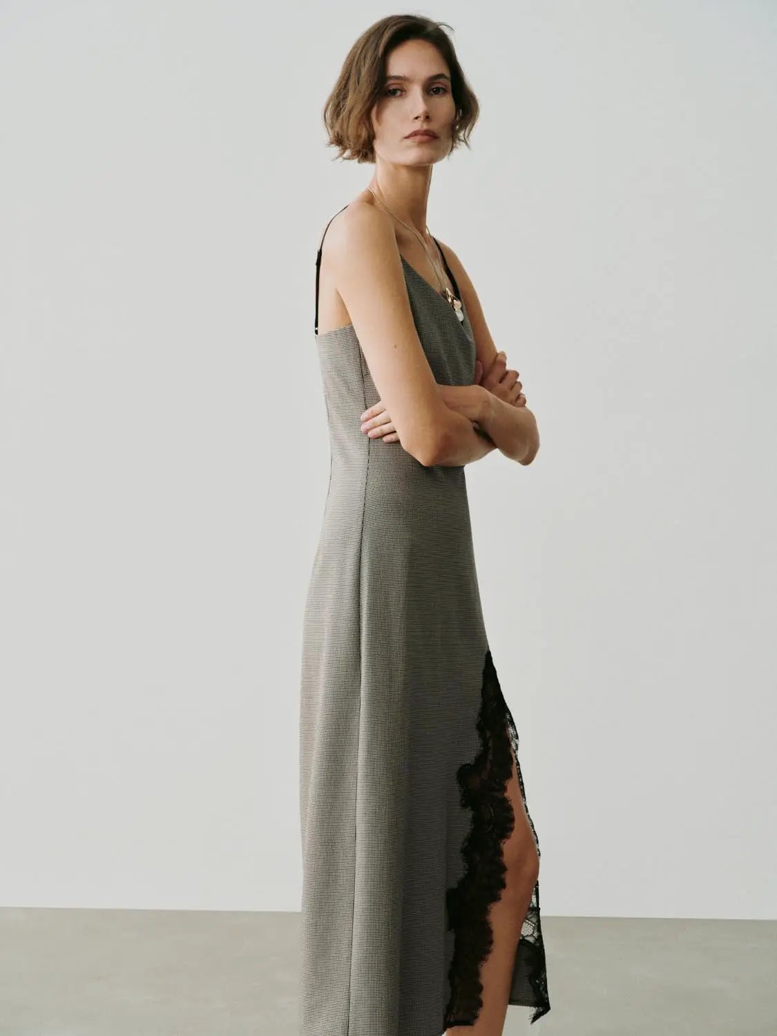 Lace Side Detail Checked V-neck Slip Maxi Dress in grey with black lace trim at the slit.