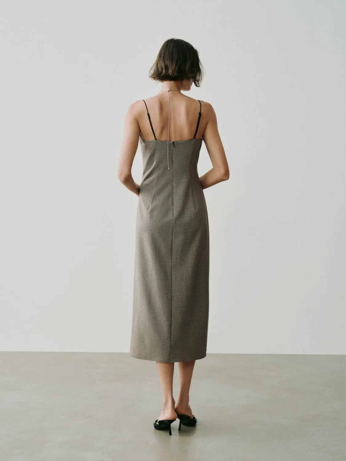 Lace Side Detail Checked V-neck Slip Maxi Dress in gray check with thin straps (back view).