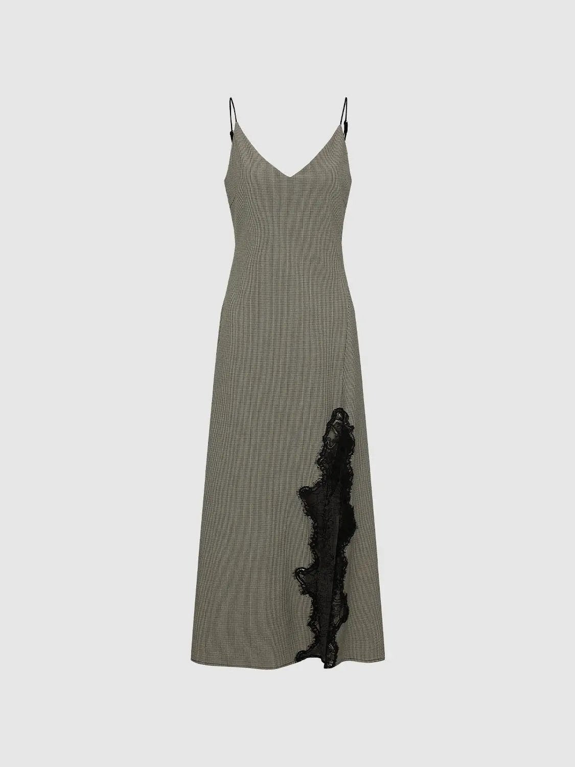 Lace Side Detail Checked V-neck Slip Maxi Dress, beige check fabric with black lace side panel