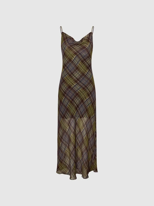 Plaid Cowl Neck Spaghetti Strap A-Line Dress