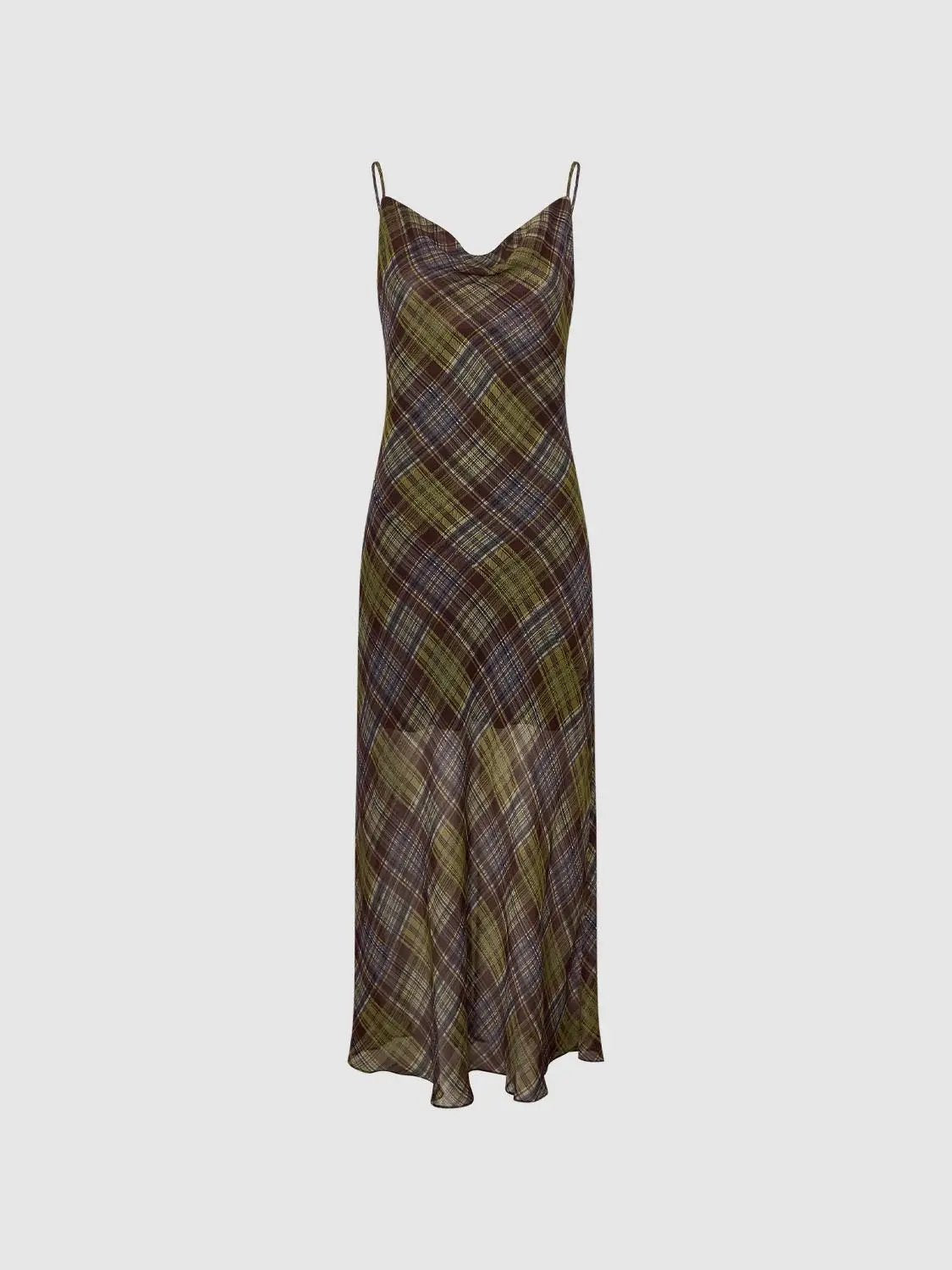 Plaid cowl-neck spaghetti-strap A-line maxi dress in olive-brown-purple plaid pattern