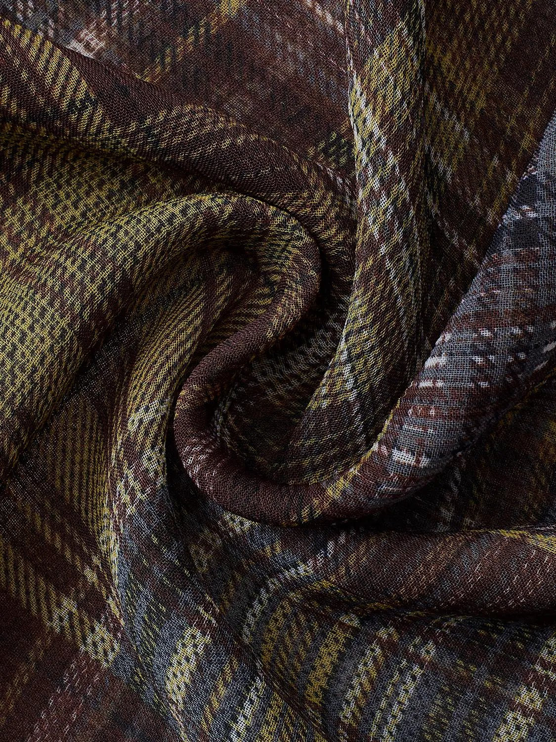 Plaid Cowl Neck Spaghetti Strap A-Line Dress fabric in brown, olive and mustard tones.