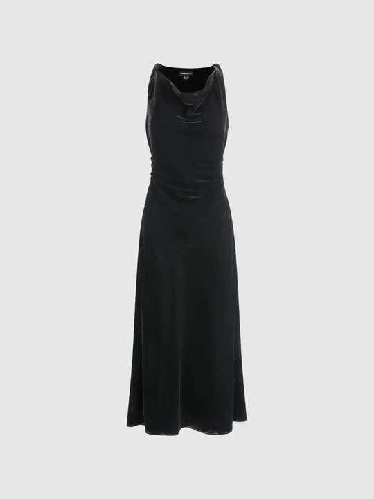 Ruched A-Line Cowl Neck Sleeveless Midi Dress
