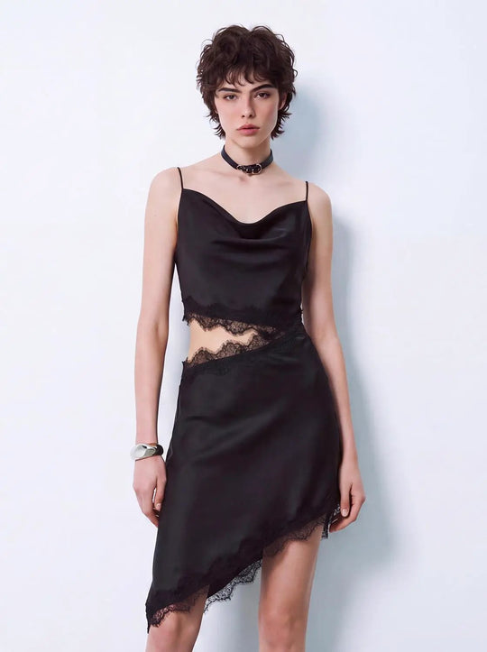 Lace Panelled Asymmetric Cowl Neck Sleeveless Mini Dress
