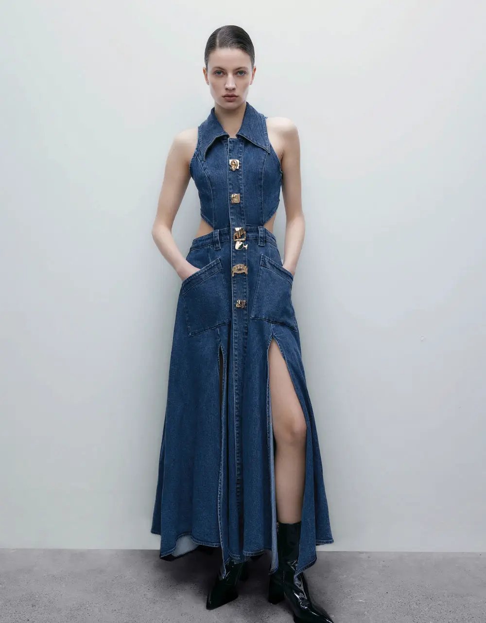 Sleeveless Lapel Collar Cutout Split Maxi Denim Dress, Blue / US 4