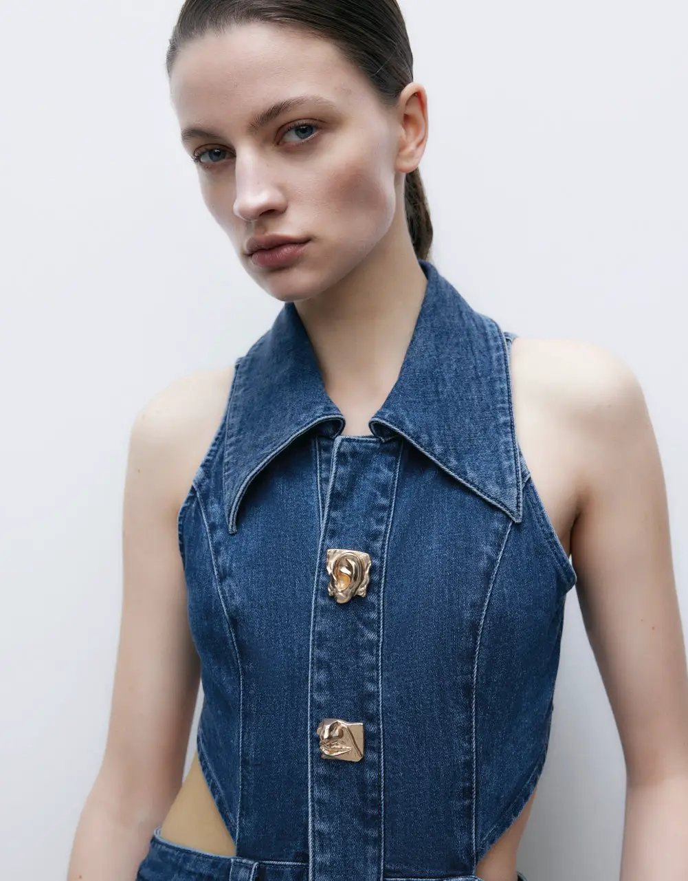 Cut-Out Sleeveless Lapel Denim Dress by Urban Revivo Fashion