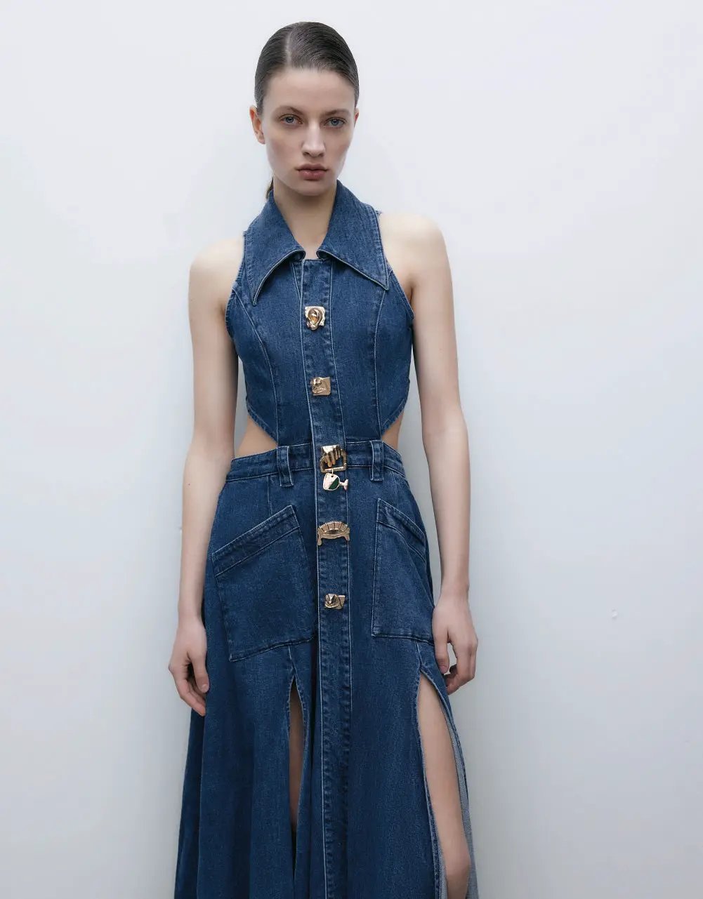 Cut-Out Sleeveless Lapel Denim Dress by Urban Revivo Fashion
