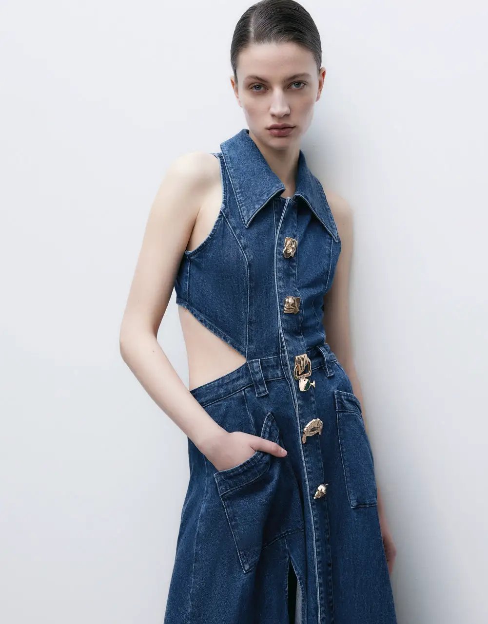 Cut-Out Sleeveless Lapel Denim Dress by Urban Revivo Fashion