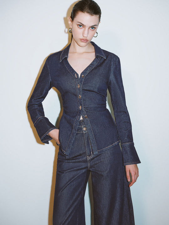 Breite Revers Denim Hemden