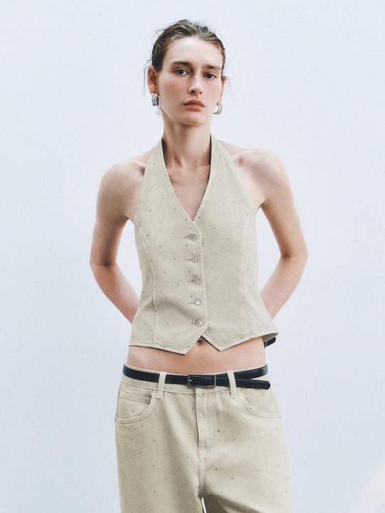 Gilet in denim con collo all'americana e vita sagomata