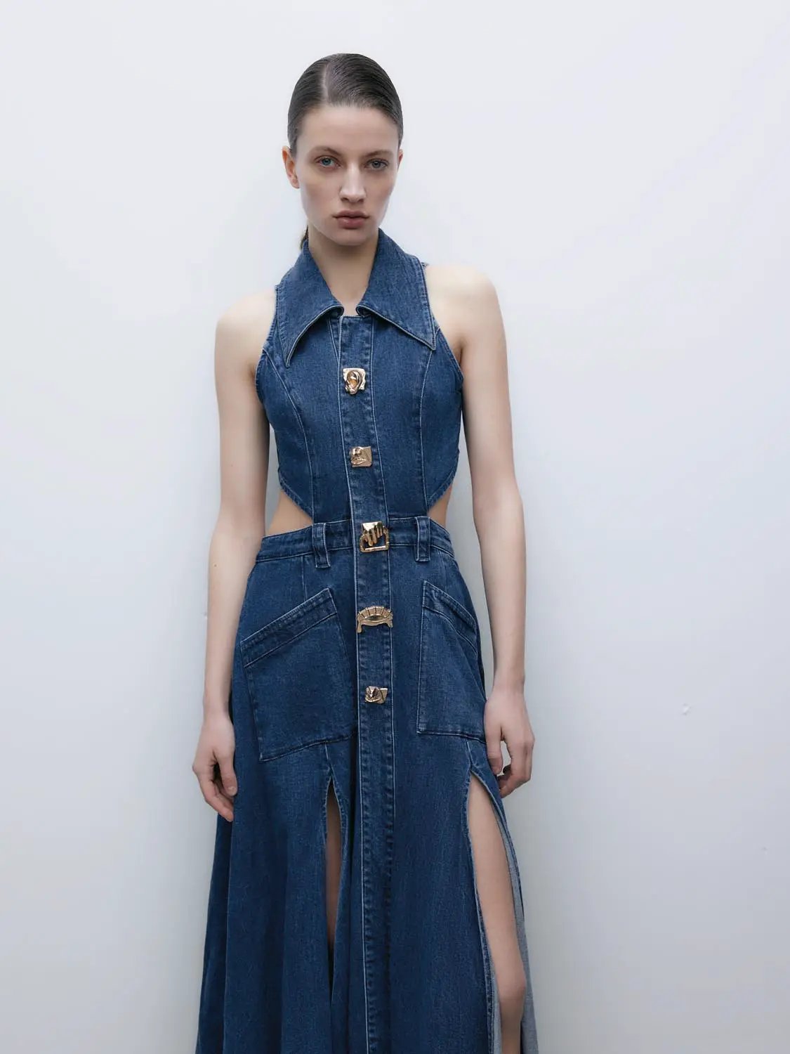 Cut Out Stretchy Sleeveless Maxi Denim Dresses by Urban Revivo Fashion