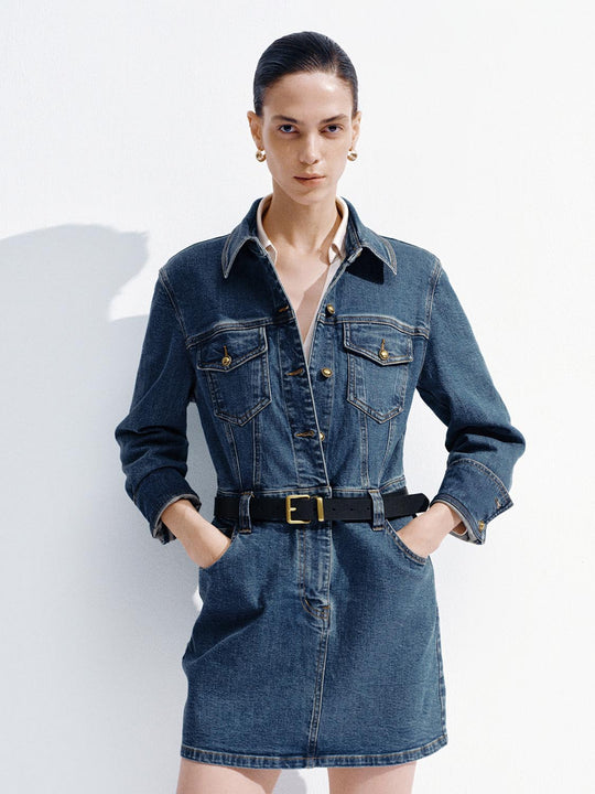 Button Detail Denim Midi Dresses