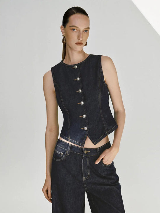 Denim Seamed Stitch Sleeveless Vest