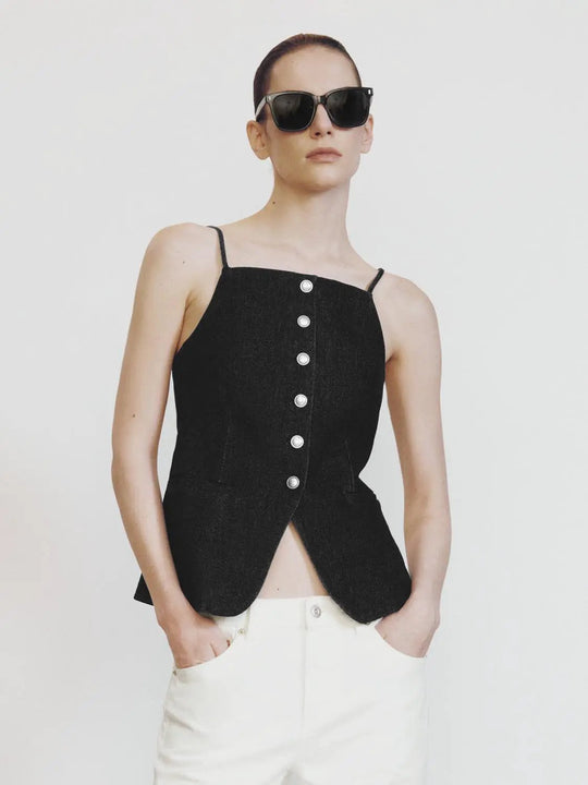 Cotton Button Detail Strappy Sleeveless Shirt