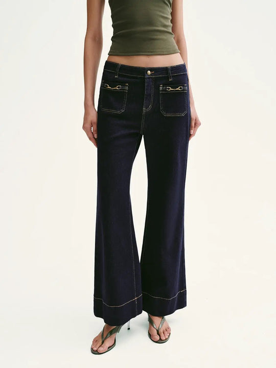 Cotton Blend Patch Pocket Stitch Detail Flare Jeans
