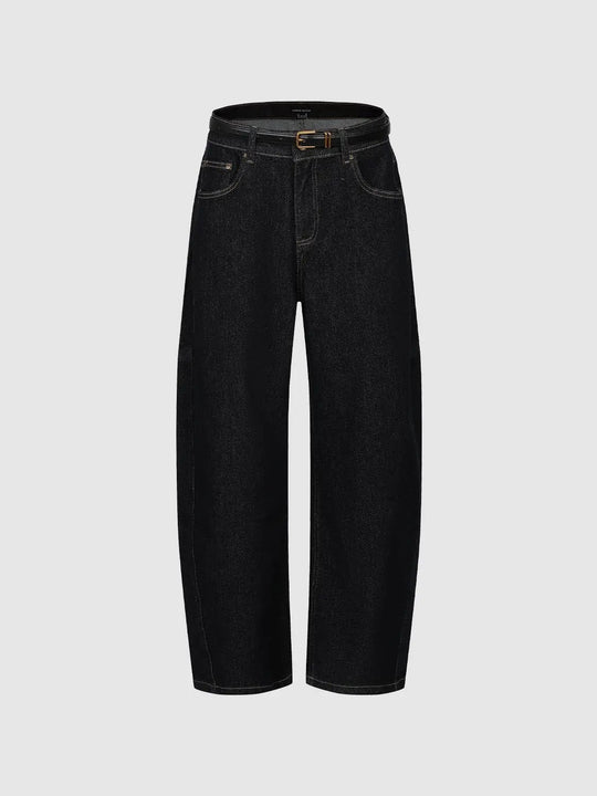Belted Barrel Leg Jeans With Slight Stretch Denim Fabric