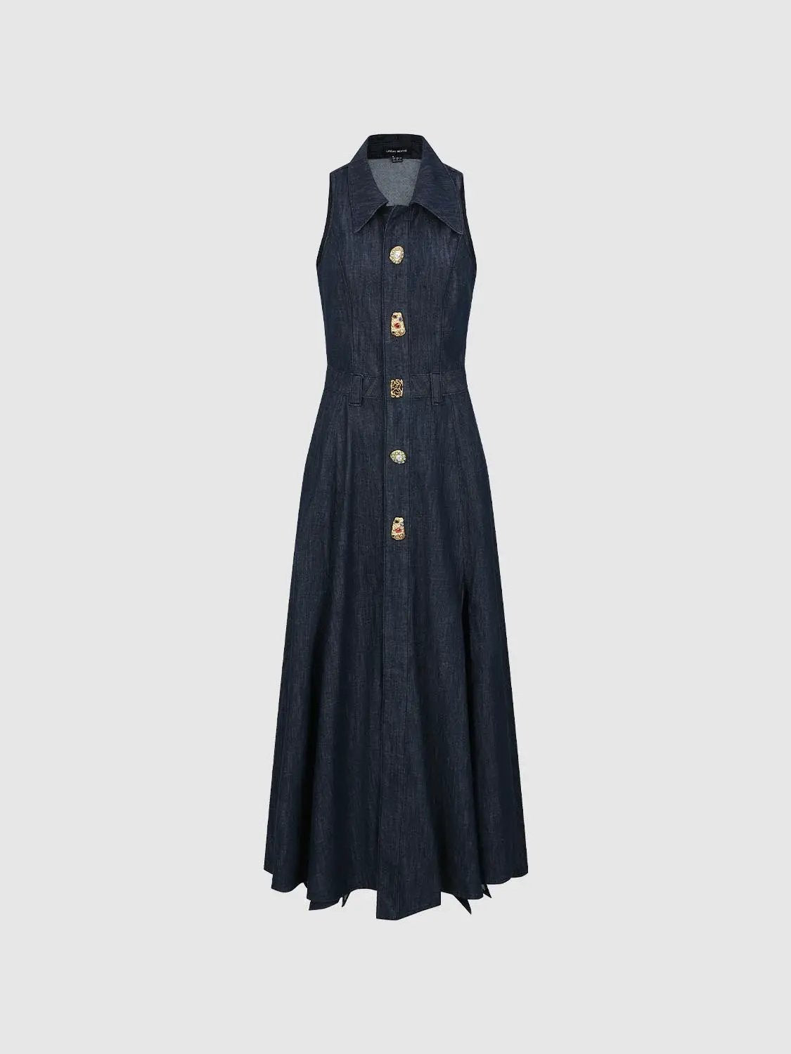 Ärmelloses Jeans-Maxikleid mit Falten und Knopfdetails