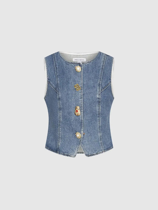Chemises en denim sans manches à coutures et boutonnées