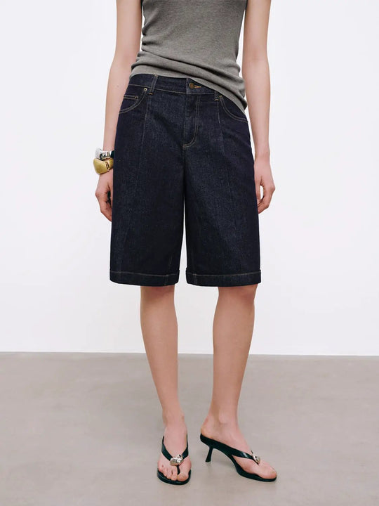 Dark Wash Stitch Detail Pleated Denim Shorts
