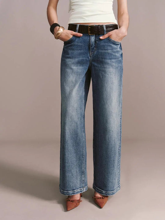 Cotton Wide-Leg With Belt Detail Slight Stretch Jeans