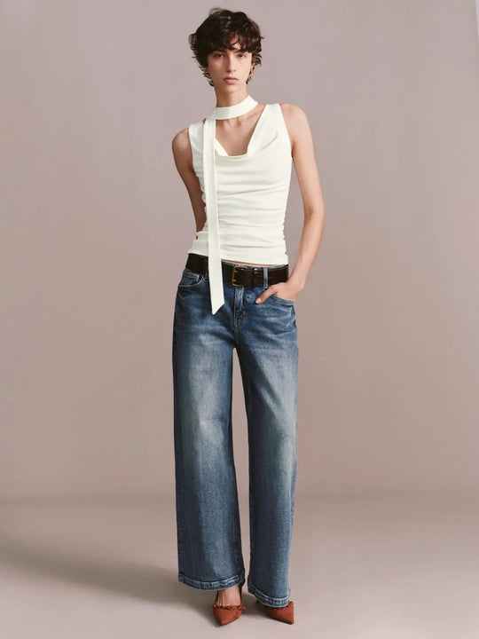 Cotton Wide-Leg With Belt Detail Slight Stretch Jeans