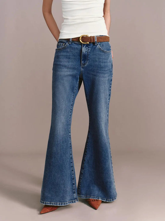 Belted Flare Leg Jeans Non Stretch Denim Medium Thickness
