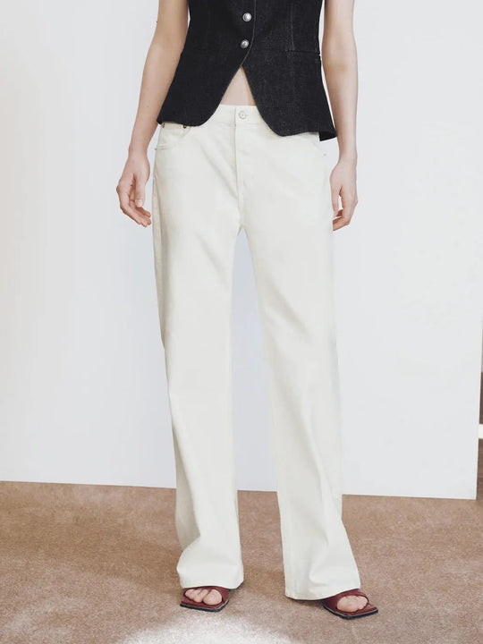 Cotton Wide-Leg Seam-Detail Front-Button Pants