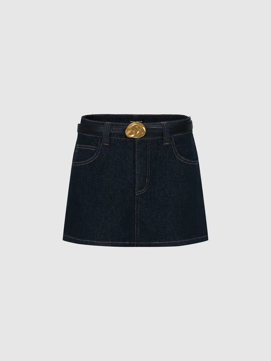 Cotton Denim Belted Gold Buckle Mini Skirt