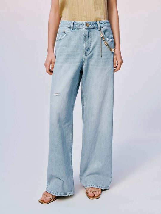 Raw-Detail Denim Wide-Leg Embellished Jeans
