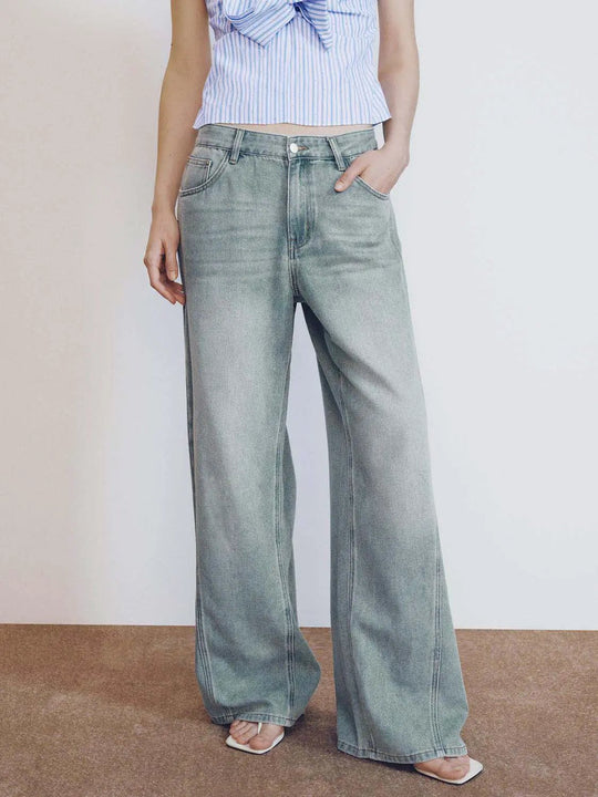 Cotton High-Rise Wide-Leg With Double-Needle Seam Detailing And Topstitching Jeans