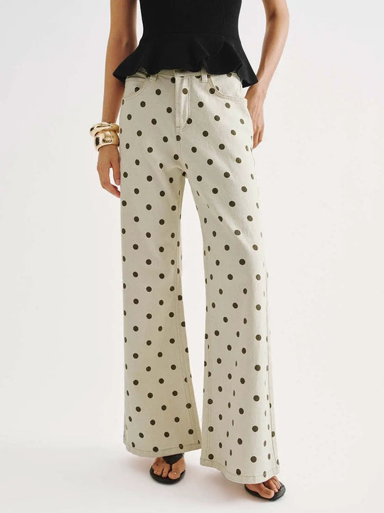 Cotton Denim Polka Dot Print Wide Leg Trousers