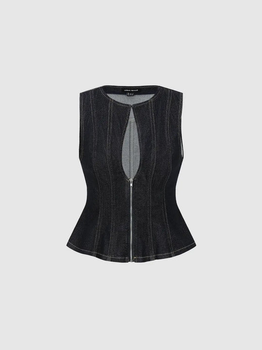 Cotton Vertical Seam Details Peplum Sleeveless Denim Jackets