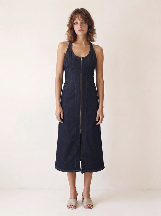 Zipper Front Denim Midi Dress With Panel Seams