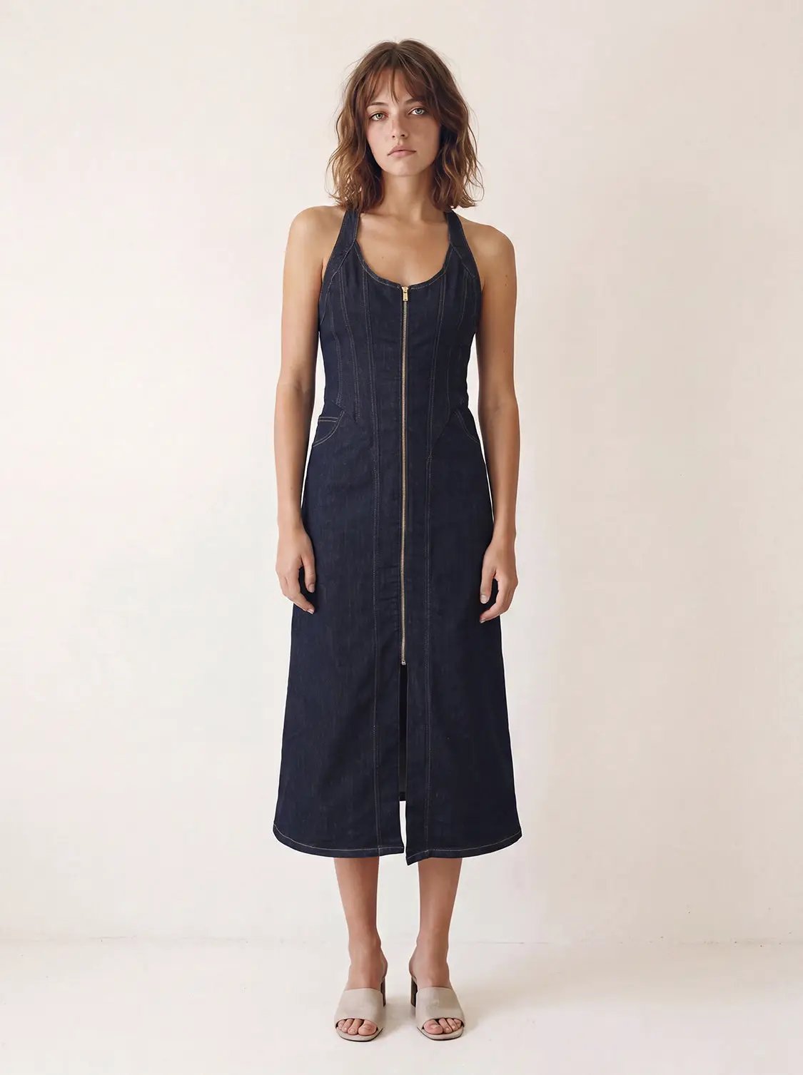 Zipper Front Denim Midi Dress with Panel Seams in dark indigo by Urban Revivo Fashion