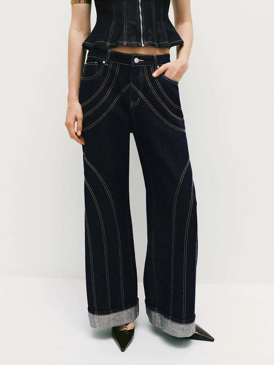 Cotton Denim Wide-Leg Jeans With Arc Topstitching Panels And Rolled Cuffs For Subtle Texture Jeans