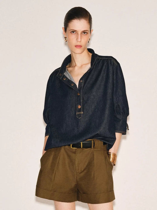 Vintage Indigo Denim Button-front Stretch Shirt