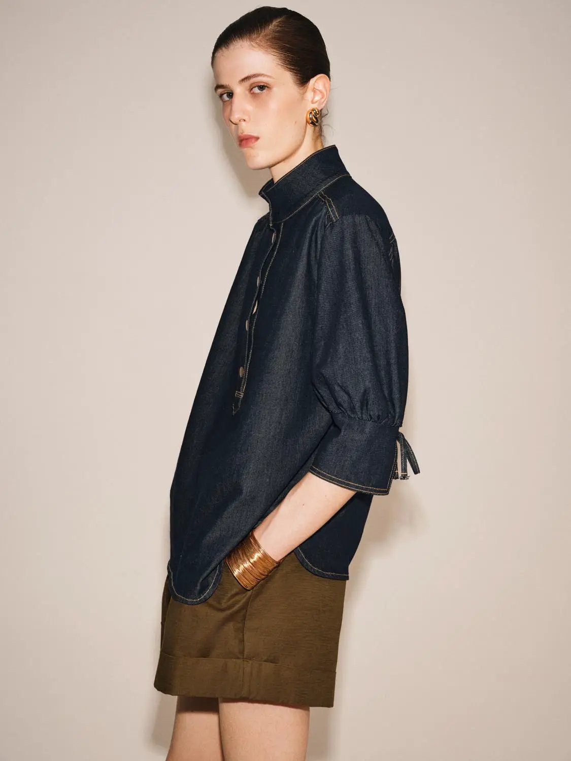 Vintage Indigo Denim Button-front Stretch Shirt, dark indigo denim with 3/4 sleeves and tie-cuff details.