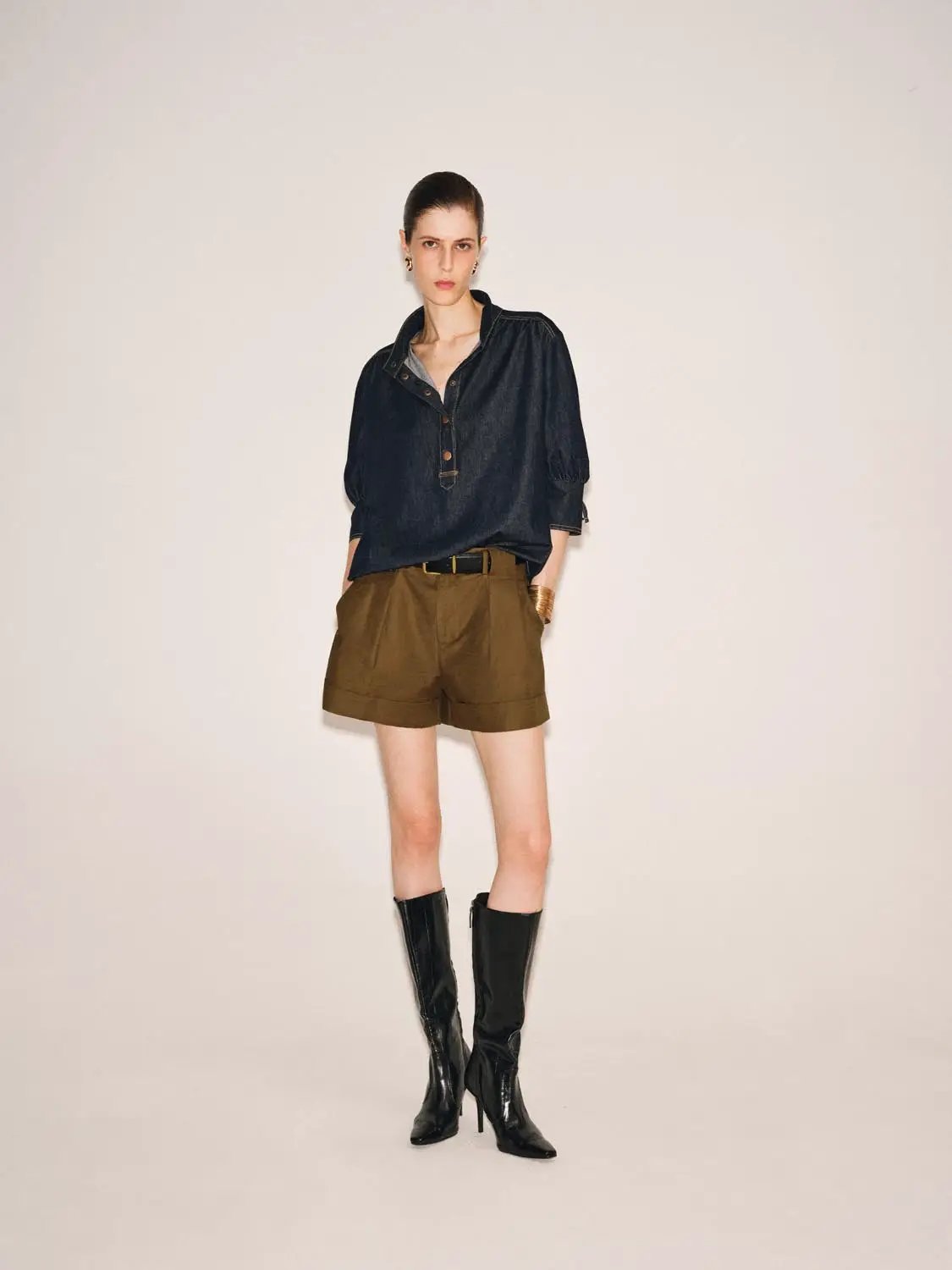 Vintage Indigo Denim Button-front Stretch Shirt worn with brown shorts and knee-high boots; 3-piece outfit