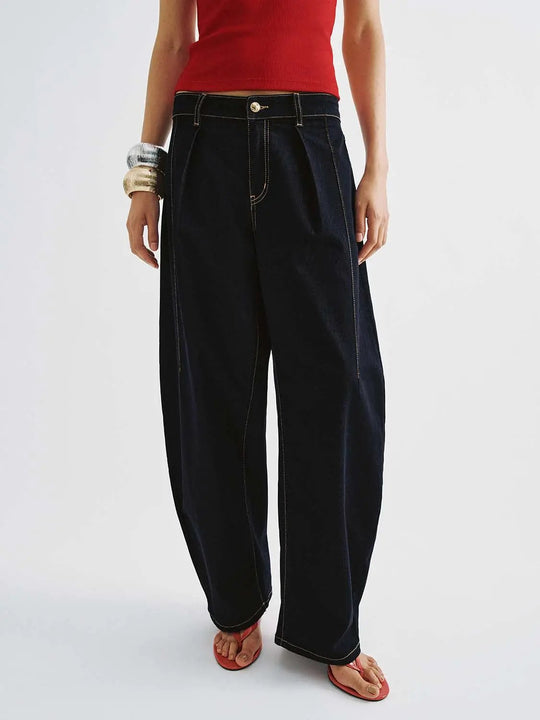 Cotton Wide-Leg Silhouette With Prominent Topstitching And Clean Front Seams Trousers