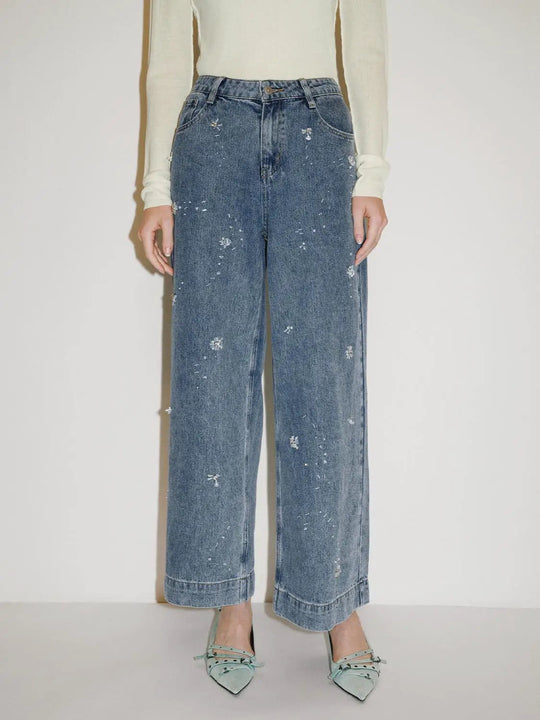 Jean large taille mi-haute à motifs floraux brodés