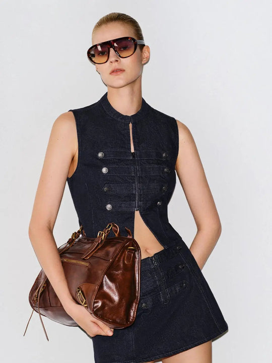 Sleeveless Cotton Front-zip Button Detail Tank Top