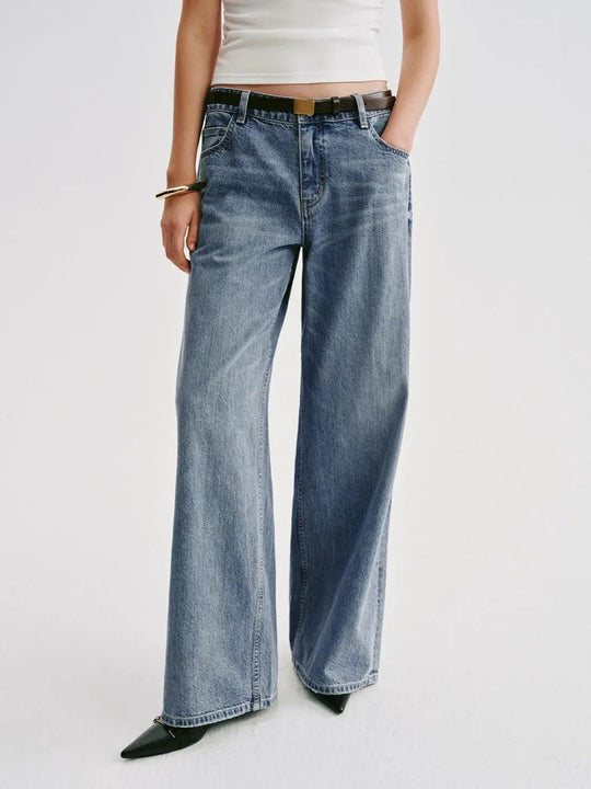 Belted Wide-leg Relaxed High Rise Cotton Jeans