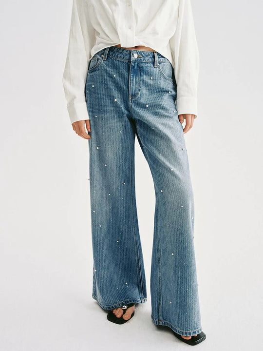 Pearl Studded Wide-leg Cotton Lyocell Blend Jeans