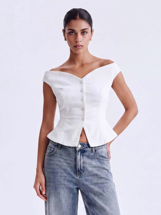 Button-Front Peplum Off-Shoulder Sleeveless Cotton Shirt